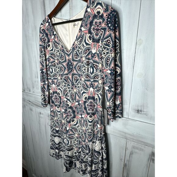 NWT ELIZA J BLUE PINK PAISLEY MOSAIC 3/4 SLEEVE STRETCH JERSEY SHIFT DRESS 14 - Picture 4 of 16